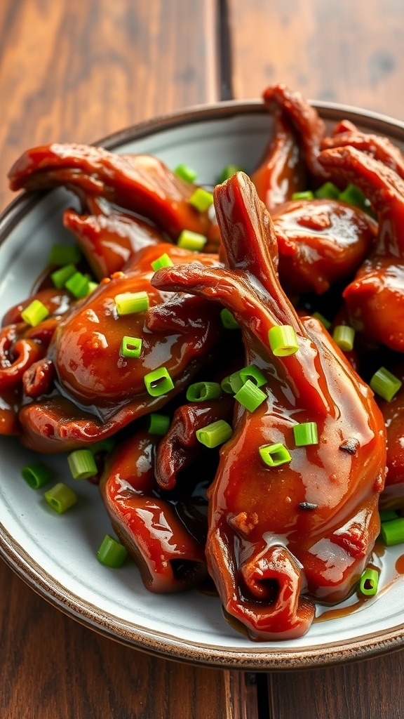 Braised duck feet garnished with green onions on a traditional plate.